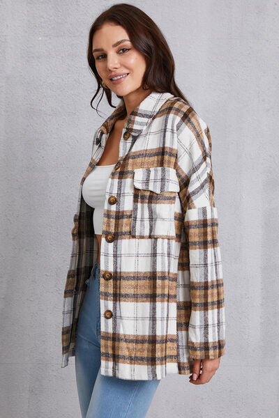 Plaid Button Up Dropped Shoulder Outerwear-TOPS / DRESSES-[Adult]-[Female]-2022 Online Blue Zone Planet