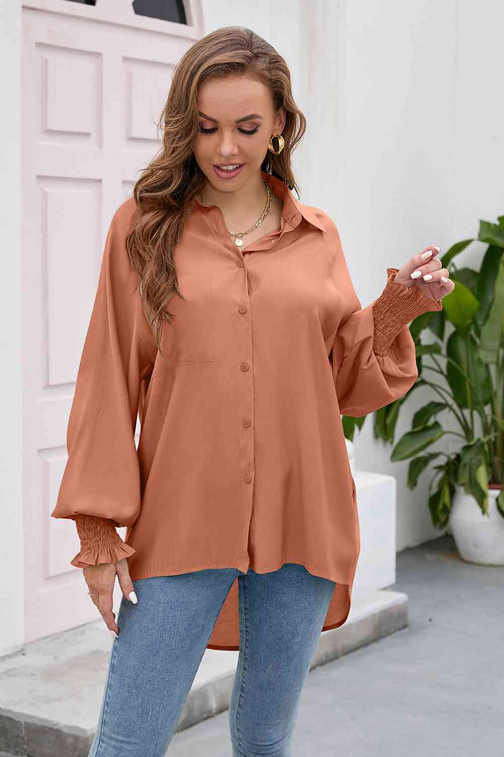 High-Low Collared Neck Lantern Sleeve Shirt BLUE ZONE PLANET