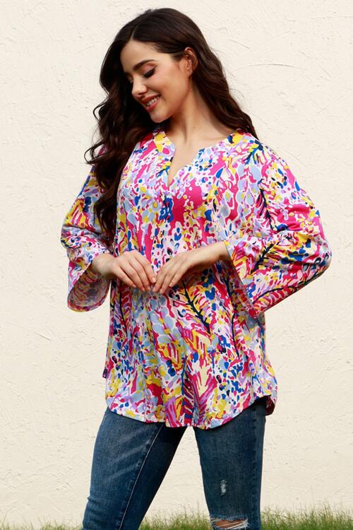 Plus Size Printed Notched Long Sleeve Blouse BLUE ZONE PLANET