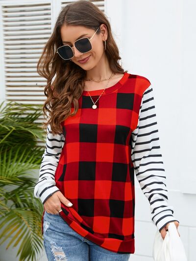 Plaid Striped Round Neck Long Sleeve T-Shirt-TOPS / DRESSES-[Adult]-[Female]-2022 Online Blue Zone Planet