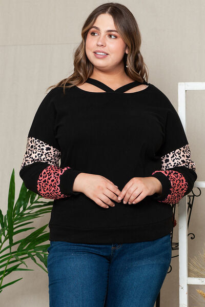 Plus Size Leopard Dropped Shoulder Long Sleeve T-Shirt BLUE ZONE PLANET