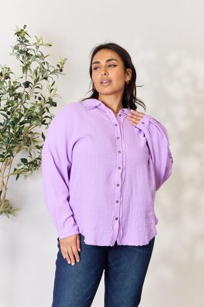 Zenana Full Size Texture Button Up Raw Hem Long Sleeve Shirt BLUE ZONE PLANET