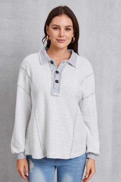 Half Button Dropped Shoulder Sweatshirt Trendsi