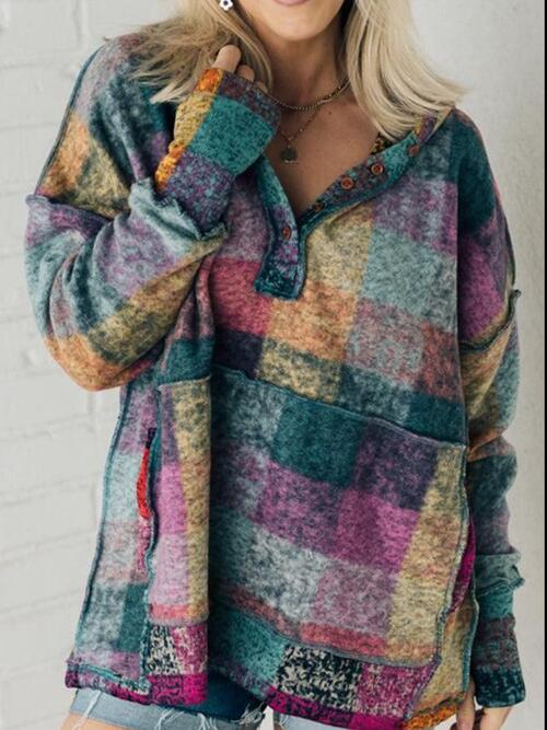 Multicolor Brushed Plaid Buttoned Pullover Oversized Hoodie-TOPS / DRESSES-[Adult]-[Female]-Multicolor-S-2022 Online Blue Zone Planet