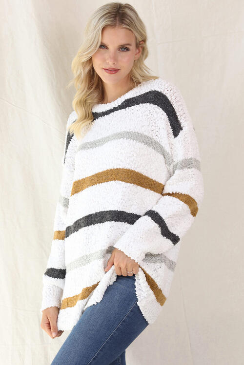 Striped Round Neck Long Sleeve Sweater BLUE ZONE PLANET