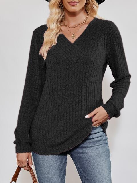 V-Neck Ribbed Long Sleeve Top BLUE ZONE PLANET