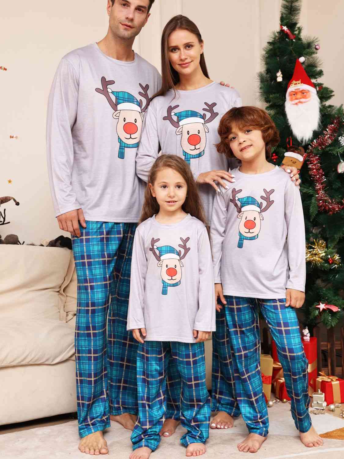 Rudolph Graphic Long Sleeve Top and Plaid Pants Set BLUE ZONE PLANET