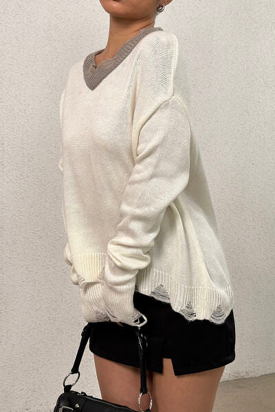 Distressed V-Neck Dropped Shoulder Sweater Trendsi