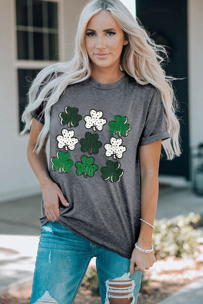 Lucky Clover Round Neck Short Sleeve T-Shirt Trendsi