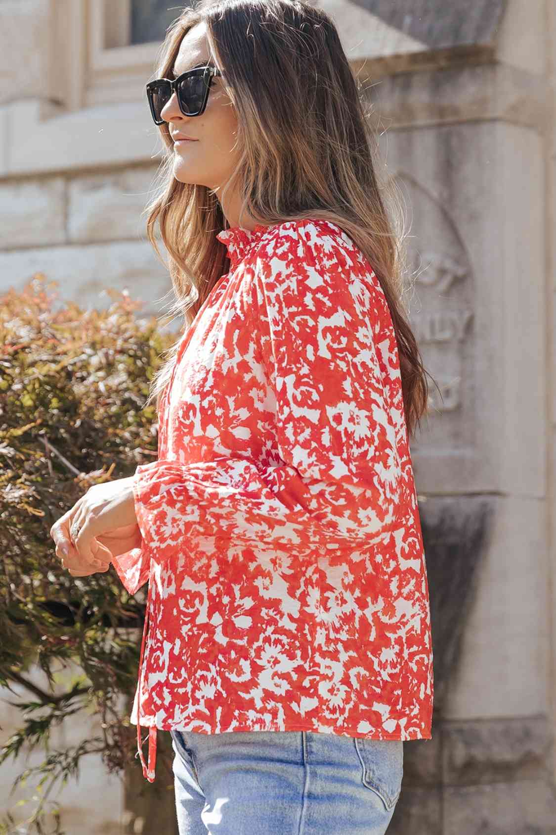 Printed Tie Neck Flounce Sleeve Blouse BLUE ZONE PLANET