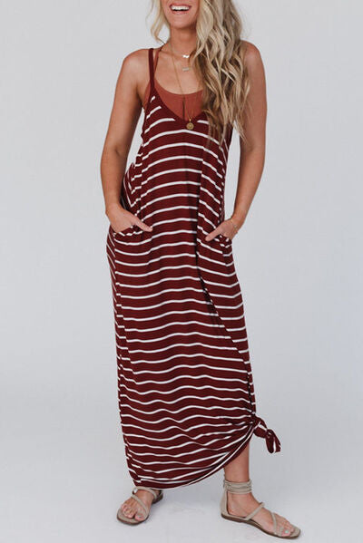 Pocketed Striped Scoop Neck Maxi Cami Dress BLUE ZONE PLANET