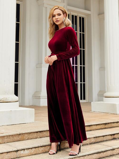 Tie Front Round Neck Long Sleeve Maxi Dress BLUE ZONE PLANET