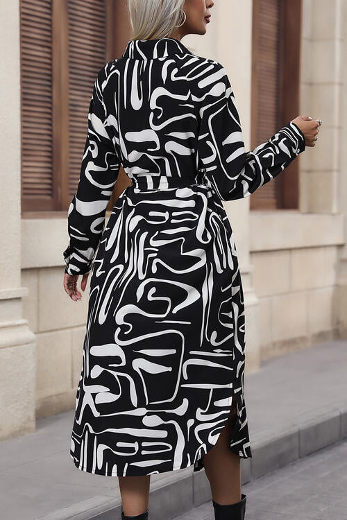 Printed Tie Front Collared Neck Slit Shirt Dress BLUE ZONE PLANET