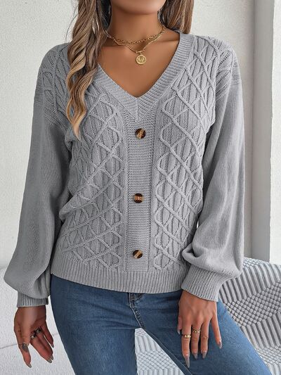 Cable-Knit V-Neck Lantern Sleeve Sweater BLUE ZONE PLANET