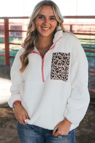 Half Zip Leopard Contrast Long Sleeve Sweatshirt BLUE ZONE PLANET