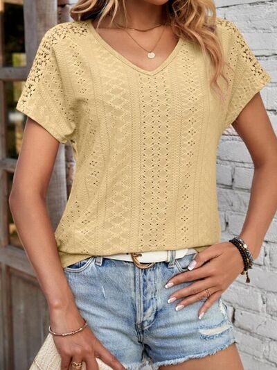 Eyelet V-Neck Short Sleeve T-Shirt Trendsi