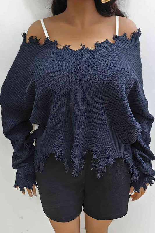 Plus Size Fringe V-Neck Raglan Sleeve Sweater BLUE ZONE PLANET