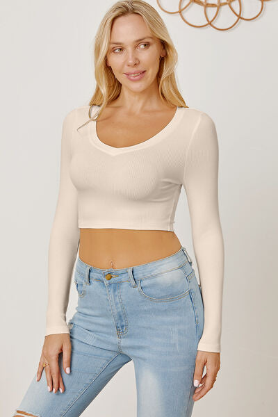 Round Neck Long Sleeve Cropped T-Shirt Trendsi