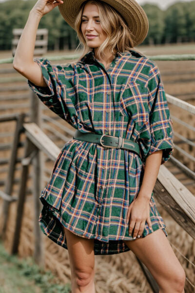 Blue Zone Planet |  Plaid Button Up Collared Neck Shirt Dress BLUE ZONE PLANET