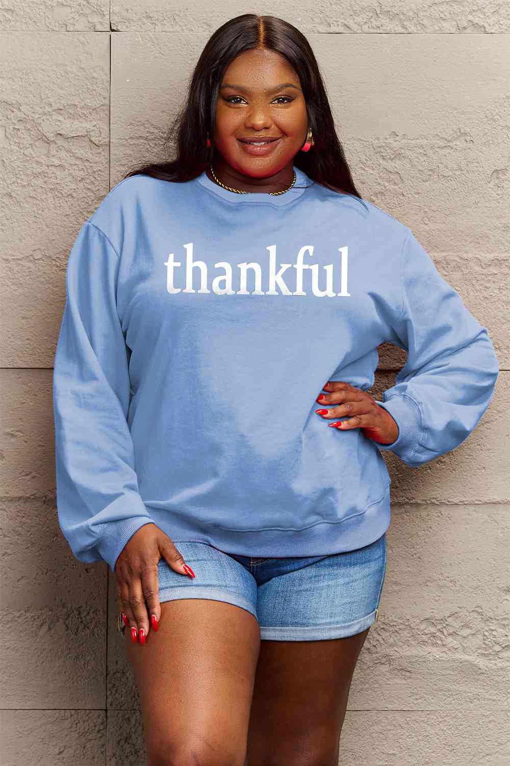 Simply Love Full Size THANKFUL Graphic Sweatshirt BLUE ZONE PLANET