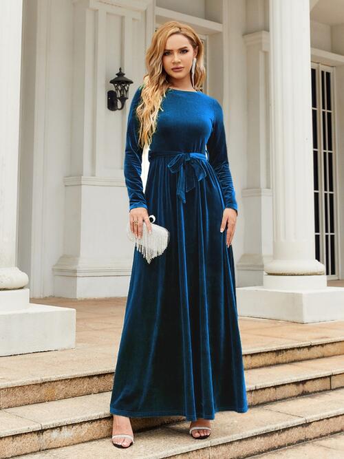 Tie Front Round Neck Long Sleeve Maxi Dress BLUE ZONE PLANET