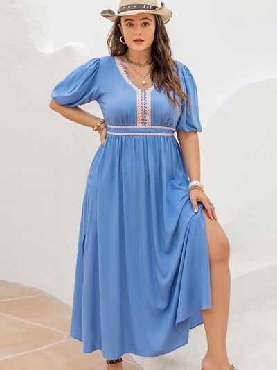 Blue Zone Planet |  Plus Size Slit V-Neck Short Sleeve Dress BLUE ZONE PLANET