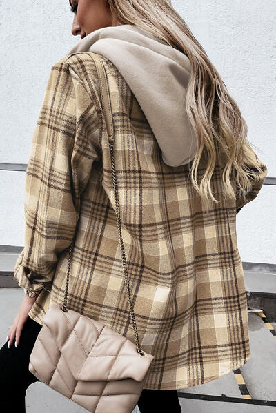 Plaid Button Up Hooded Jacket with Pockets BLUE ZONE PLANET