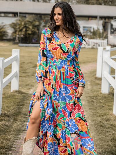 Printed Smocked Tie Neck Balloon Sleeve Maxi Dress-TOPS / DRESSES-[Adult]-[Female]-2022 Online Blue Zone Planet