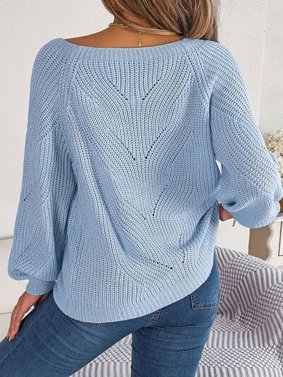 Openwork Buttoned Square Neck Sweater BLUE ZONE PLANET