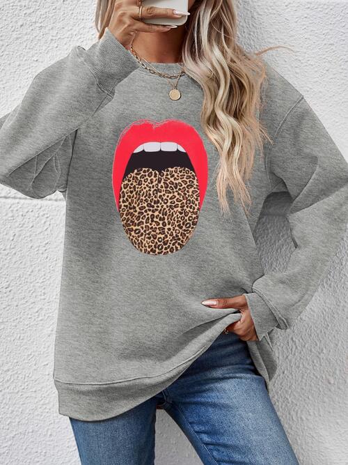 Leopard Lip Graphic Round Neck Sweatshirt BLUE ZONE PLANET