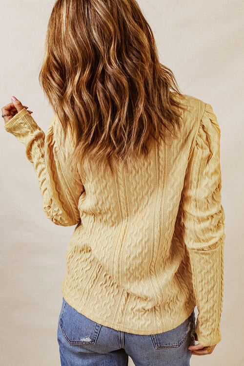 Cable-Knit Round Neck Long Sleeve Blouse BLUE ZONE PLANET