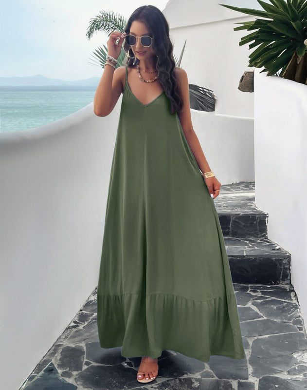 Elegant solid color loose spaghetti strap maxi dress kakaclo