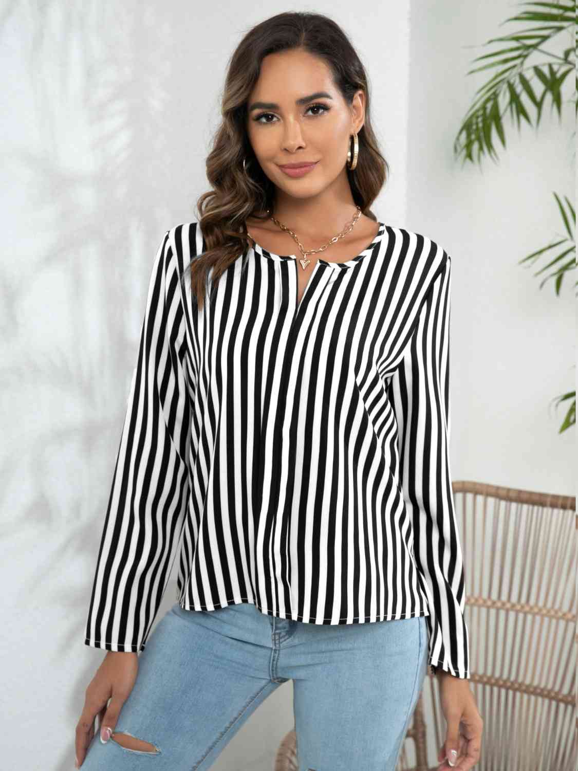 Striped Long Sleeve Notched Blouse BLUE ZONE PLANET