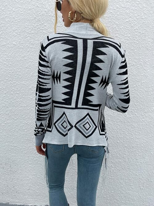 Geometric Fringe Hem Open Front Cardigan BLUE ZONE PLANET