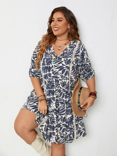 Plus Size Printed V-Neck Half Sleeve Mini Dress BLUE ZONE PLANET