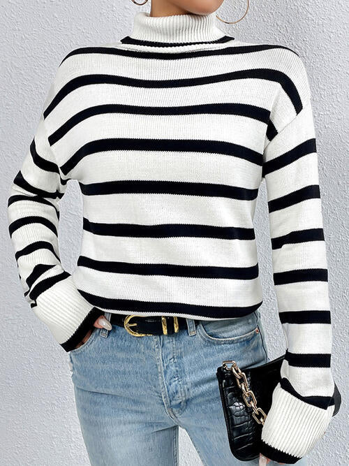 Striped Turtleneck Long Sleeve Sweater BLUE ZONE PLANET