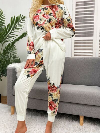 Printed Round Neck Top and Drawstring Pants Lounge Set Trendsi