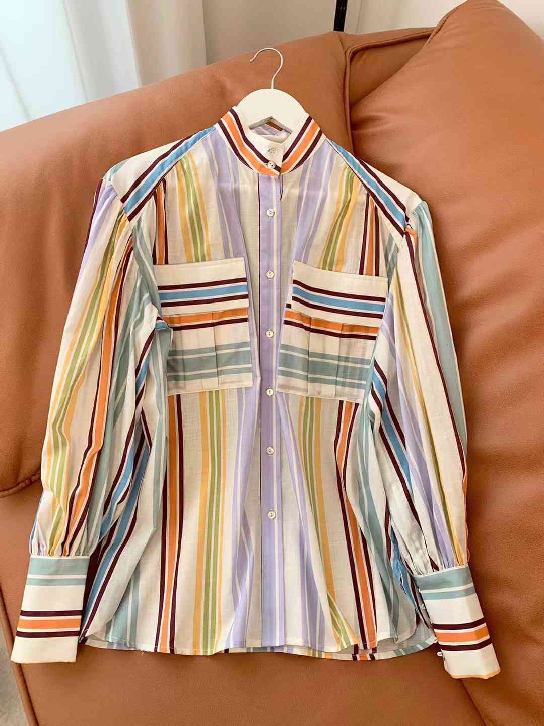 Striped Button Down Lantern Sleeve Shirt BLUE ZONE PLANET