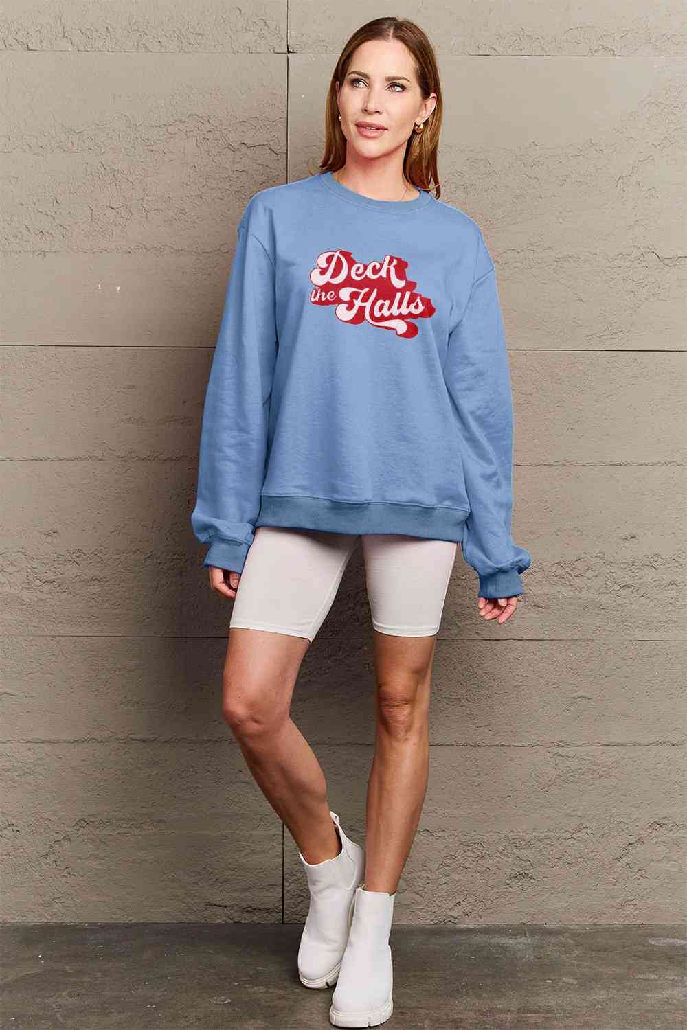 Simply Love Full Size DECK THE HALLS Graphic Sweatshirt BLUE ZONE PLANET