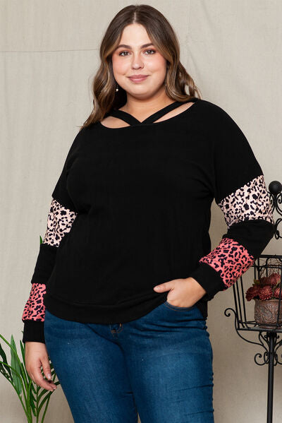 Plus Size Leopard Dropped Shoulder Long Sleeve T-Shirt BLUE ZONE PLANET