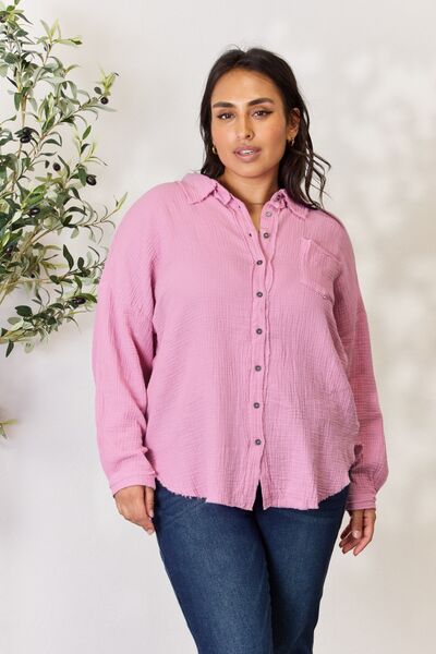 Zenana Full Size Texture Button Up Raw Hem Long Sleeve Shirt BLUE ZONE PLANET