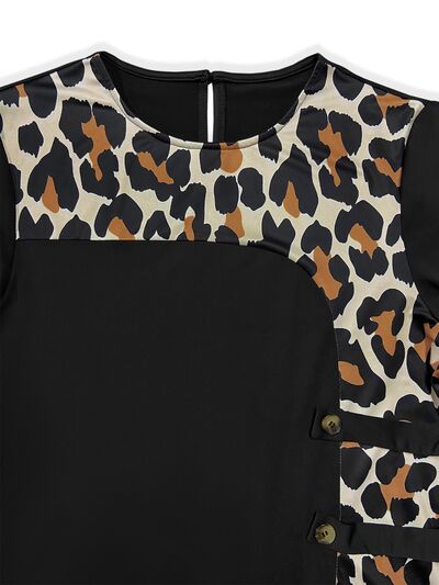 Plus Size Leopard Round Neck Long Sleeve Dress BLUE ZONE PLANET