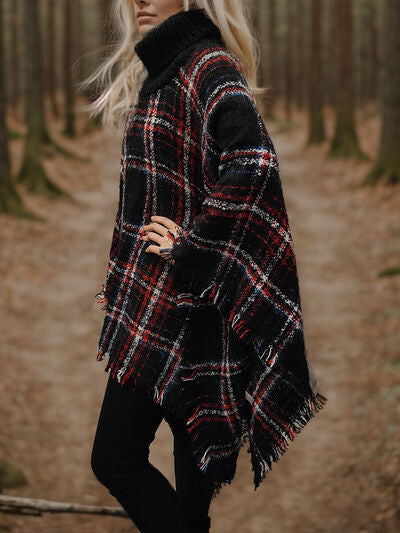 Turtleneck Plaid Raw Hem Sweater BLUE ZONE PLANET