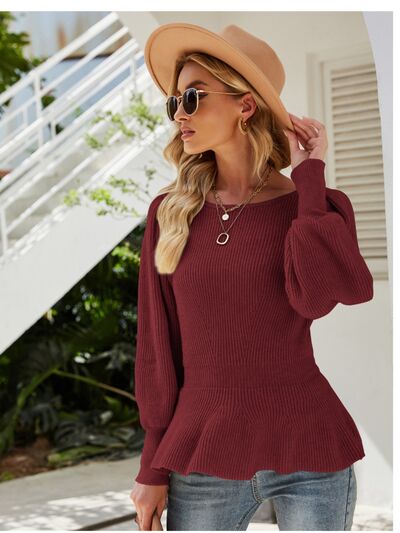 Ribbed Round Neck Lantern Sleeve Sweater Trendsi