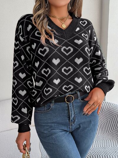 Heart Pattern V-Neck Long Sleeve Sweater BLUE ZONE PLANET