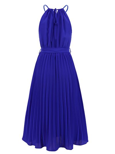 Blue Zone Planet |  Pleated Spaghetti Strap Tie Waist Midi Dress BLUE ZONE PLANET