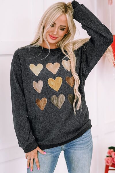 Heart Round Neck Dropped Shoulder Sweatshirt Trendsi