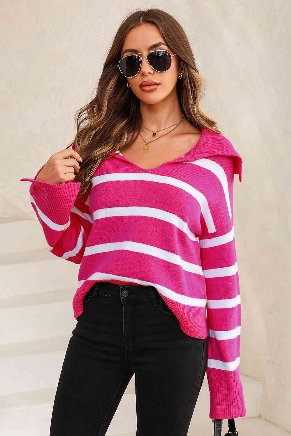 Striped Collared Neck Slit Sweater BLUE ZONE PLANET