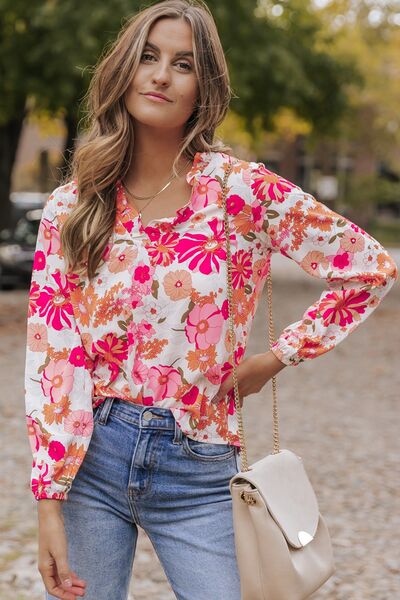 Blue Zone Planet |  Floral V-Neck Frill Long Sleeve Blouse BLUE ZONE PLANET