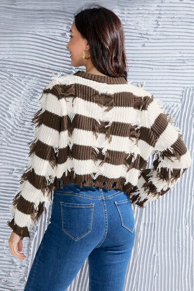 Striped Fringe Round Neck Sweater-TOPS / DRESSES-[Adult]-[Female]-2022 Online Blue Zone Planet